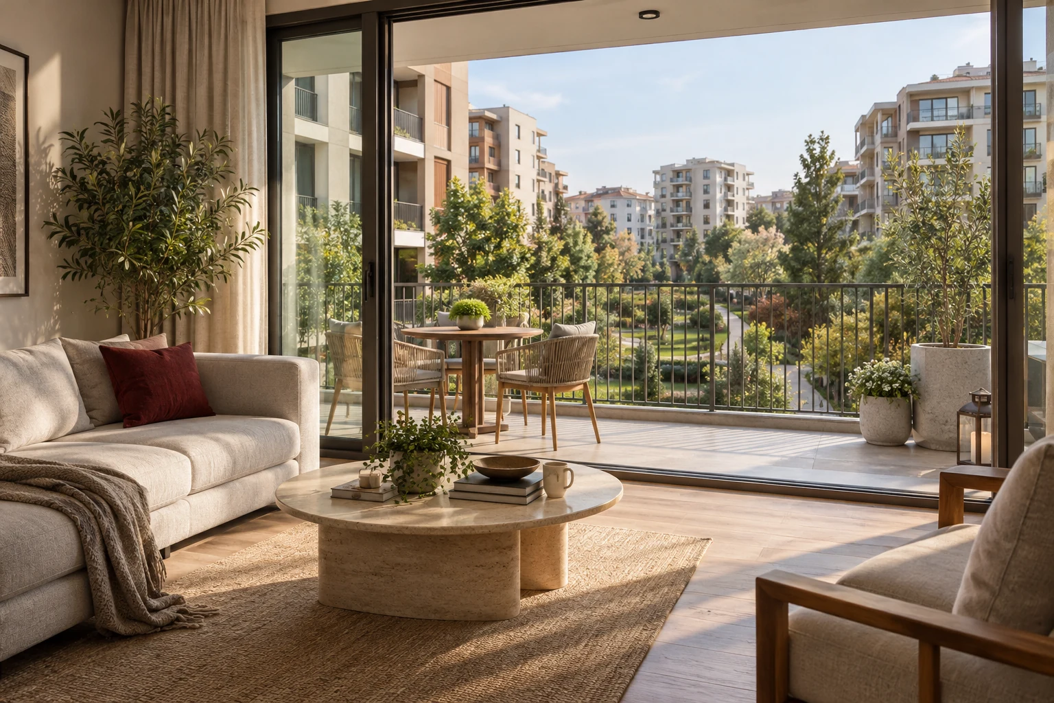 Pendik ve Kurtköy konut danışmanlığı Balkon ve ortak yeşil alana açılan temsili bir konut yaşam alanı