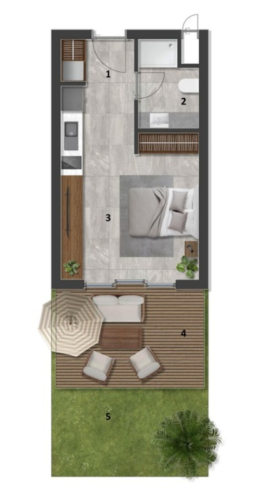 VivaMore Kıbrıs Projesi: Daire Planları | Ekinox Prime VivaMore Garden Limited · Teras ve bahçe 1+0 — Stüdyo, teras ve bahçe yerleşimi; sunumdaki örnek plan