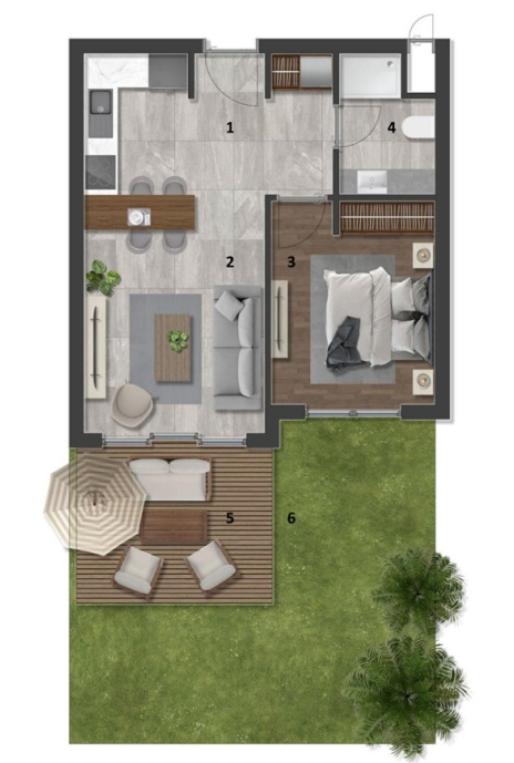 VivaMore Kıbrıs Projesi: Daire Planları | Ekinox Prime VivaMore Garden Limited · Teras ve bahçe 1+1 — Bir yatak odası, teras ve bahçe yerleşimi; sunumdaki örnek plan
