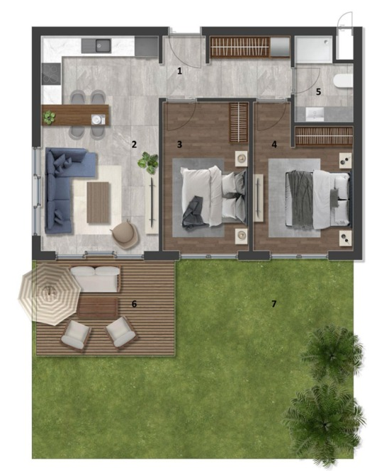 VivaMore Kıbrıs Projesi: Daire Planları | Ekinox Prime VivaMore Garden Limited · Teras ve bahçe 2+1 — İki yatak odası, teras ve bahçe yerleşimi; sunumdaki örnek plan