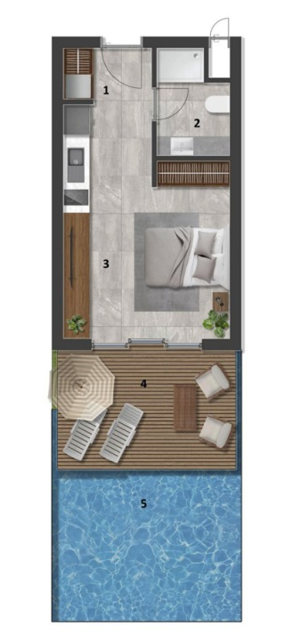VivaMore Kıbrıs Projesi: Daire Planları | Ekinox Prime VivaMore Pool Limited · Havuzlu dış alan 1+0 — Stüdyo, teras ve havuzlu dış alan yerleşimi; sunumdaki örnek plan