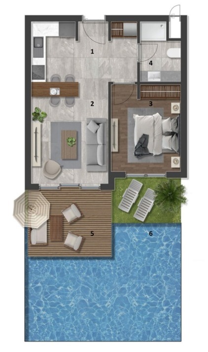 VivaMore Kıbrıs Projesi: Daire Planları | Ekinox Prime VivaMore Pool Limited · Havuzlu dış alan 1+1 — Bir yatak odası ve havuzlu bahçe yerleşimi; sunumdaki örnek plan