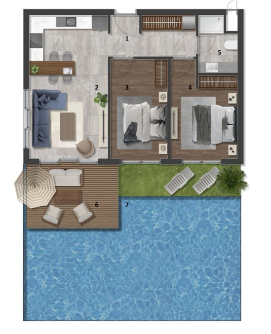 VivaMore Kıbrıs Projesi: Daire Planları | Ekinox Prime VivaMore Pool Limited · Havuzlu dış alan 2+1 — İki yatak odası ve havuzlu dış alan yerleşimi; sunumdaki örnek plan