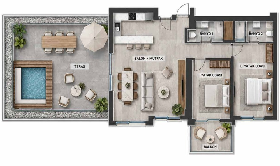 VivaMore Kıbrıs Projesi: Daire Planları | Ekinox Prime VivaMore Royal Terrace 2+1 örnek planı: iki yatak odası, teras ve kişisel havuz yerleşimi