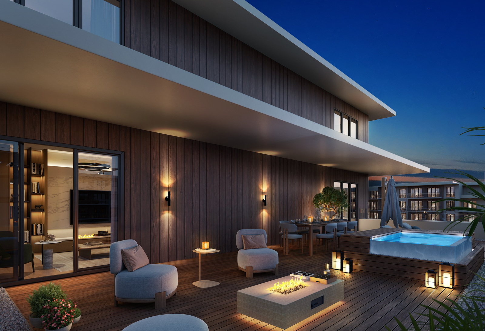 VivaMore Kıbrıs Projesi: Daire Planları | Ekinox Prime VivaMore Royal Terrace teras ve kişisel havuz mimari renderı; tamamlanmış daire fotoğrafı değildir